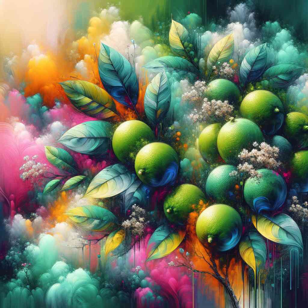 Paint by Numbers - vibrant abstract artwork with juicy limes and colorful leaves, creating an energetic and joyful atmosphere.