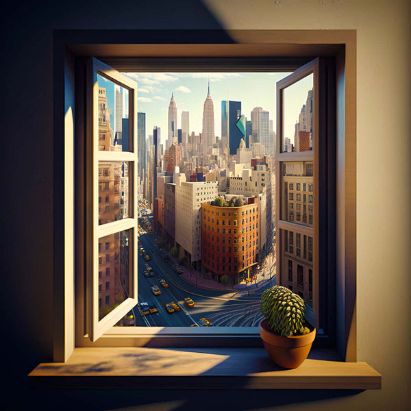 View of bustling cityscape through open window with potted plant on windowsill, perfect for Paint by Numbers Diamond Painting enthusiasts.