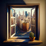 View of bustling cityscape through open window with potted plant on windowsill, perfect for Paint by Numbers Diamond Painting enthusiasts.