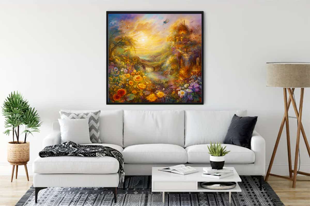 Diamond Painting - Sun rays in foliage hung above a stylish white sofa in a modern living room, featuring vibrant floral and sunny forest design.
