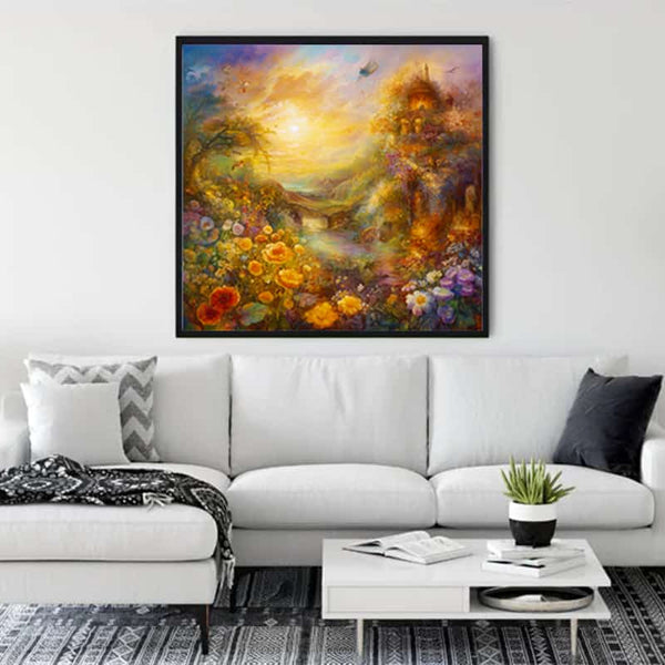 Diamond Painting - Sun rays in foliage hung above a stylish white sofa in a modern living room, featuring vibrant floral and sunny forest design.