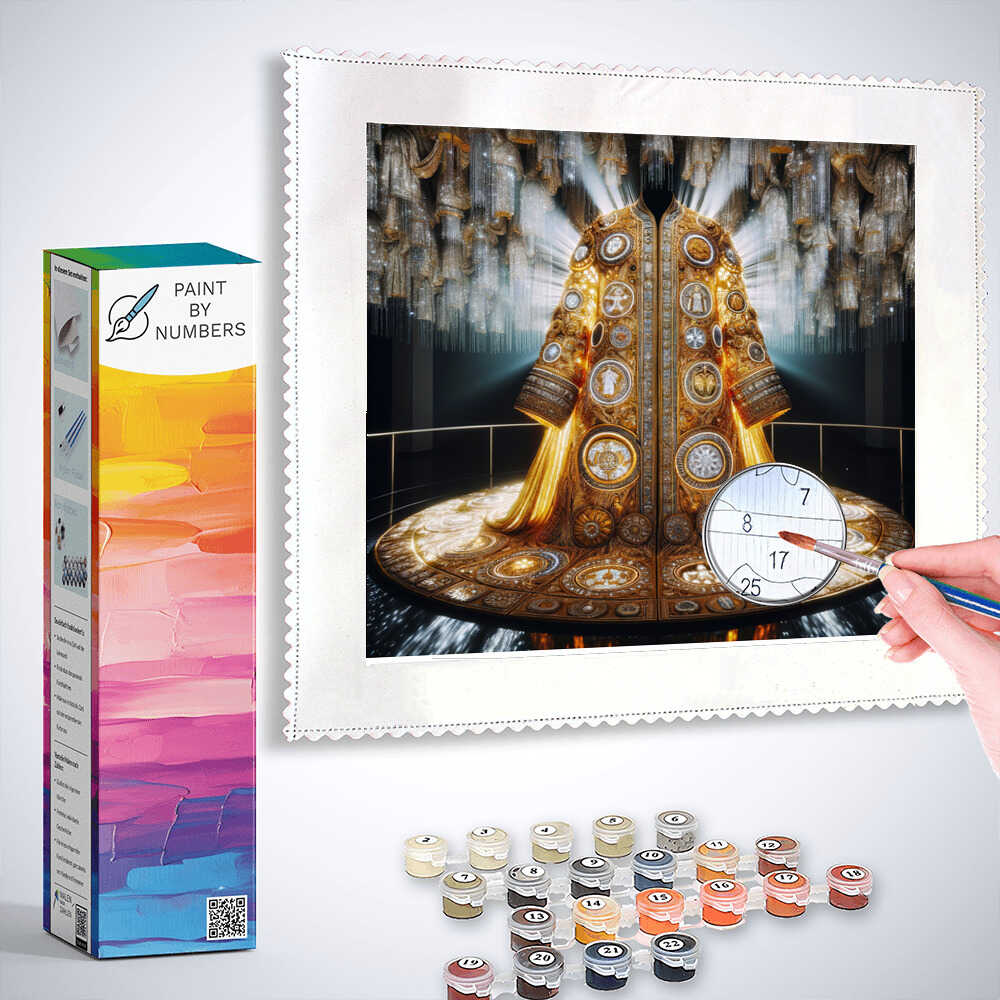 Paint by Numbers kit for "Magnificent Elegance: A Coat of Light" featuring a luxurious gold-decorated coat on a black mannequin.