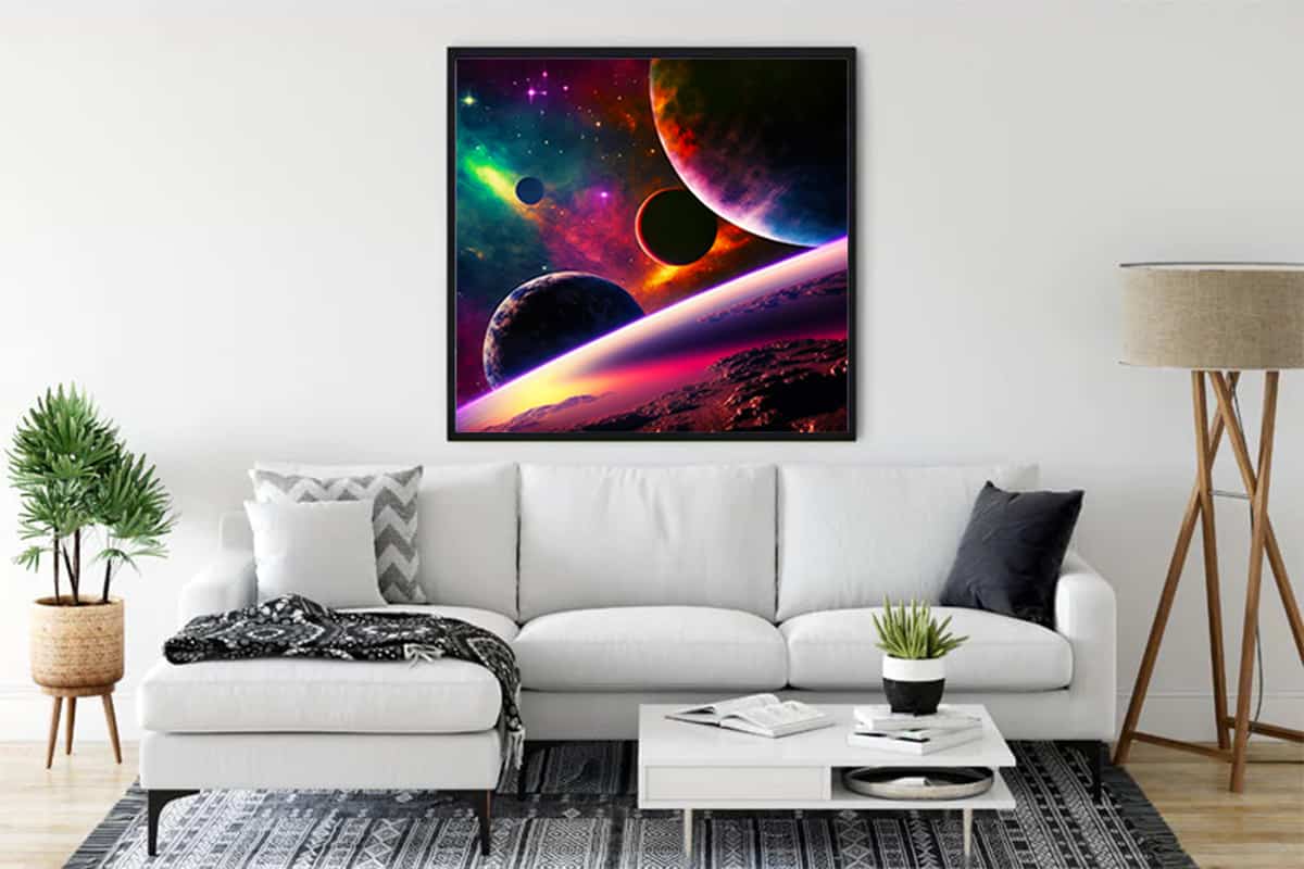 Diamond Painting - Milky Way Journey hung on a modern living room wall, vibrant space scene art with planets, enhancing home decor.