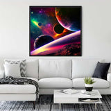 Diamond Painting - Milky Way Journey hung on a modern living room wall, vibrant space scene art with planets, enhancing home decor.