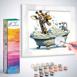 Paint by Numbers - Giraffe Bath of Hilarity kit with giraffe in antique bathtub, bubbles, and hand painting canvas