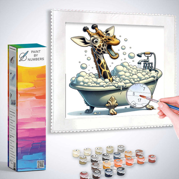 Paint by Numbers - Giraffe Bath of Hilarity kit with giraffe in antique bathtub, bubbles, and hand painting canvas