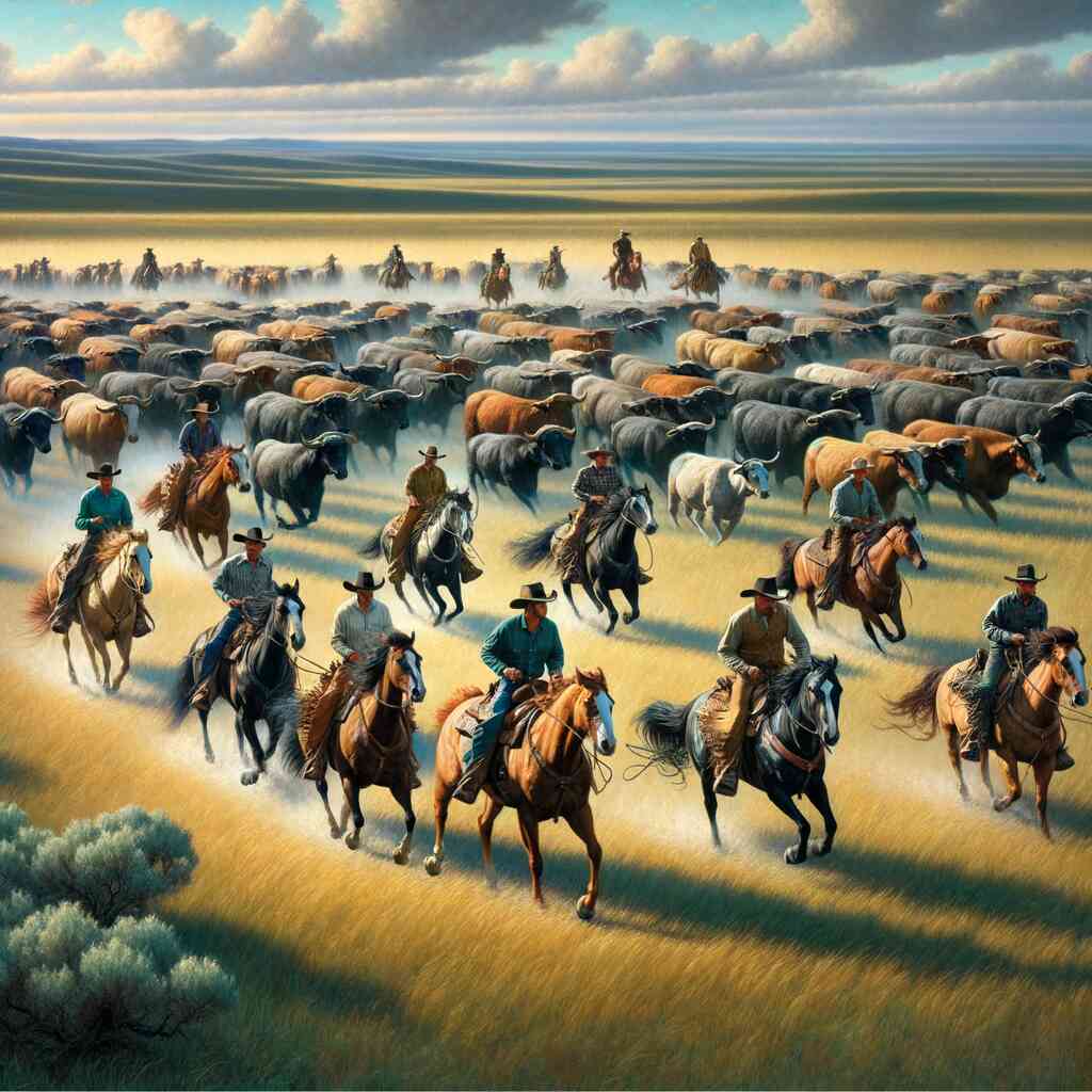 Cowboys leading a large herd of cattle across the wild west landscape in a Paint by Numbers artwork titled "Expanse of the Wild West".