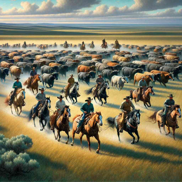 Cowboys leading a large herd of cattle across the wild west landscape in a Paint by Numbers artwork titled 