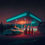 Vintage Route 66 gas station at night with neon lights, classic car, and mountains in the background - AB Diamond Painting Kit.