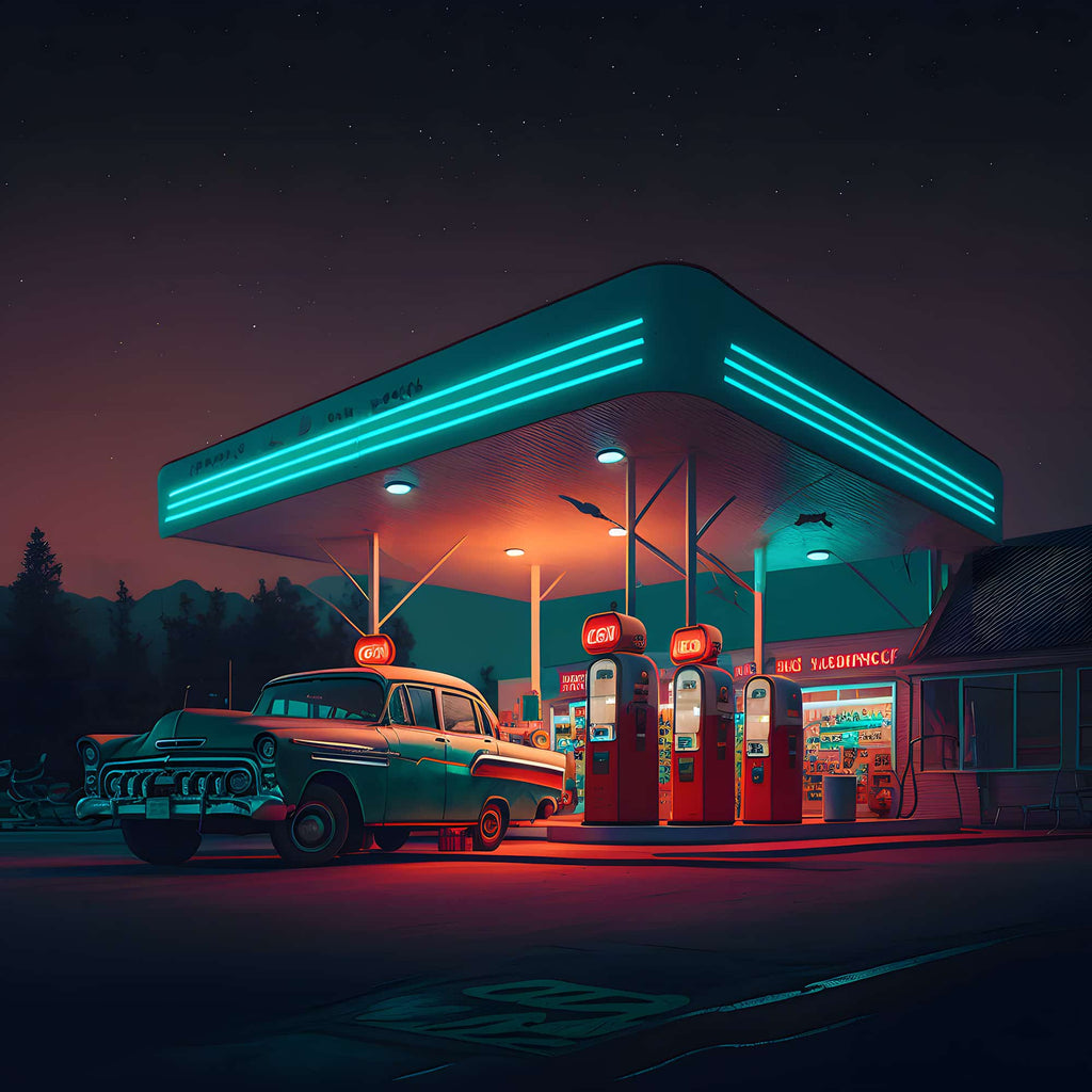 Vintage Route 66 gas station at night with neon lights, classic car, and mountains in the background - AB Diamond Painting Kit.