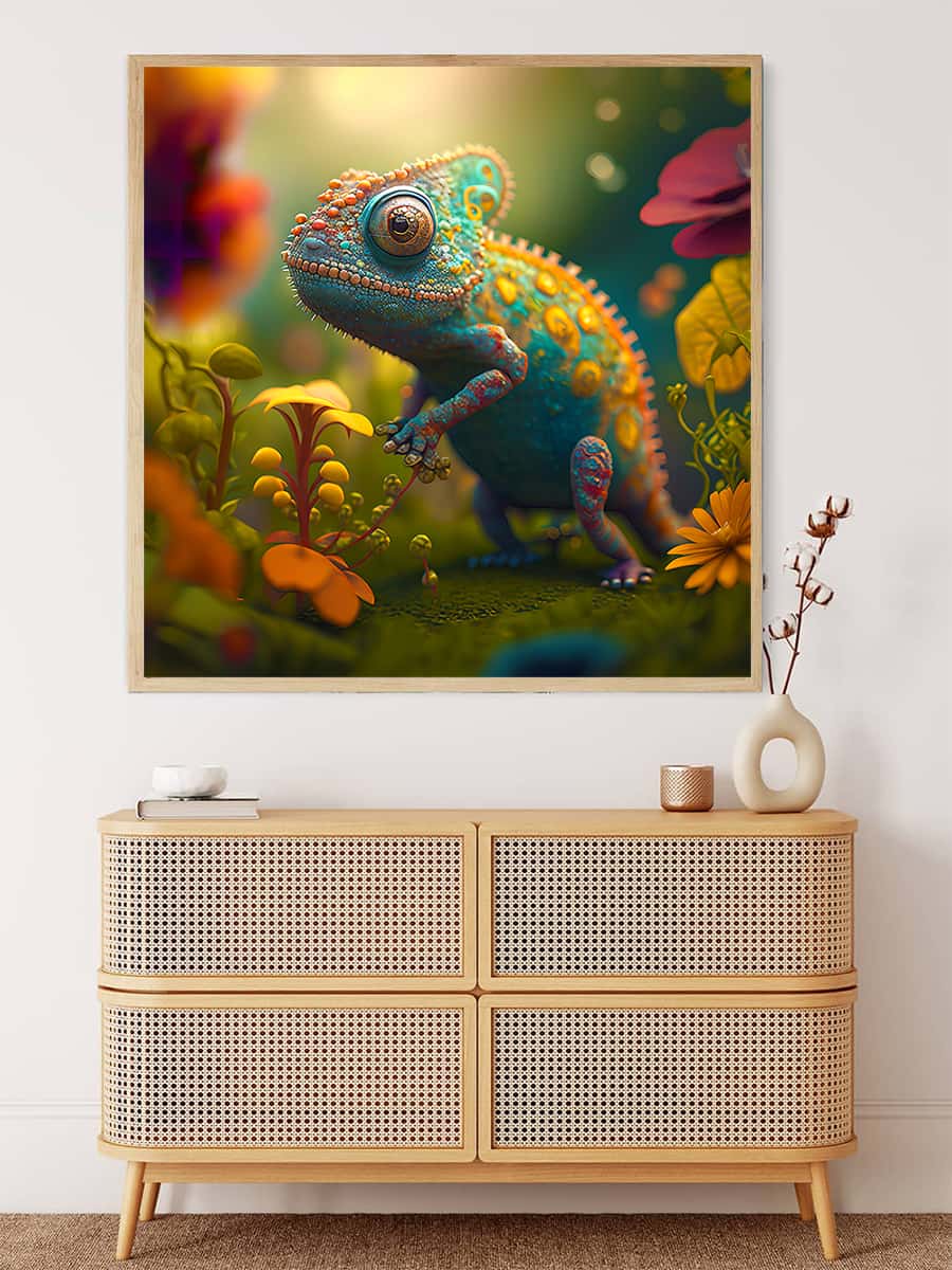 AB Diamond Painting - Chameleon in the Enchanted Forest displayed above wooden cabinet with decor. Paint by Numbers kit.