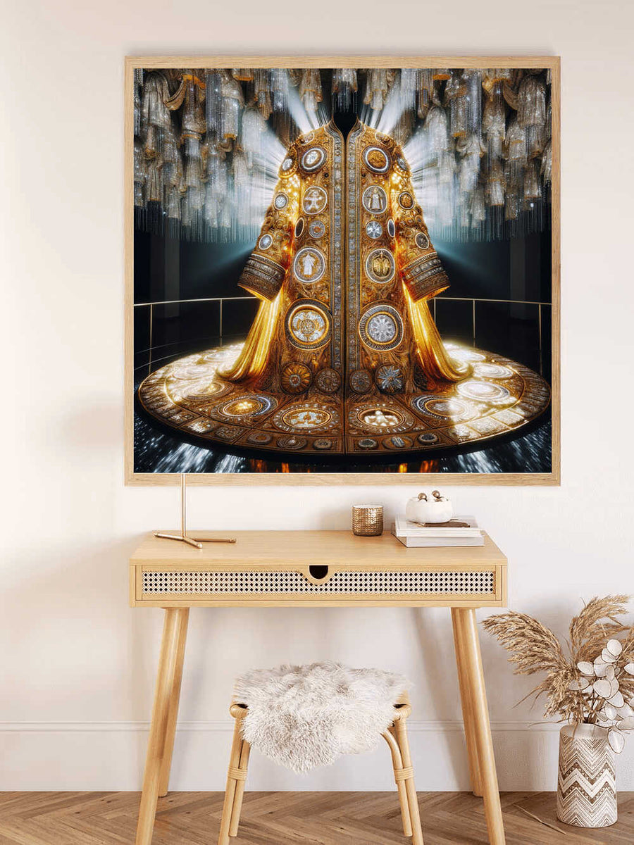 Paint by Numbers - Magnificent elegance mural depicting a gold decorated coat on a black mannequin, with shimmering jewels and divine light.