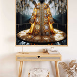 Paint by Numbers - Magnificent elegance mural depicting a gold decorated coat on a black mannequin, with shimmering jewels and divine light.