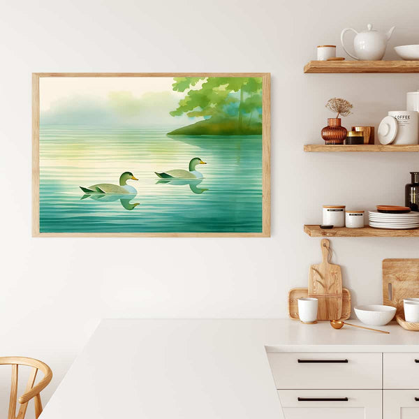 Diamond Painting of Duck Lake hanging on kitchen wall, showcasing tranquil water and ducks, perfect for Paint by Numbers enthusiasts.