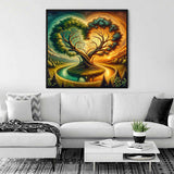 Paint by Numbers - Whispering Times wall art of a majestic tree hugging an old clock with autumn leaves, displayed in a modern living room