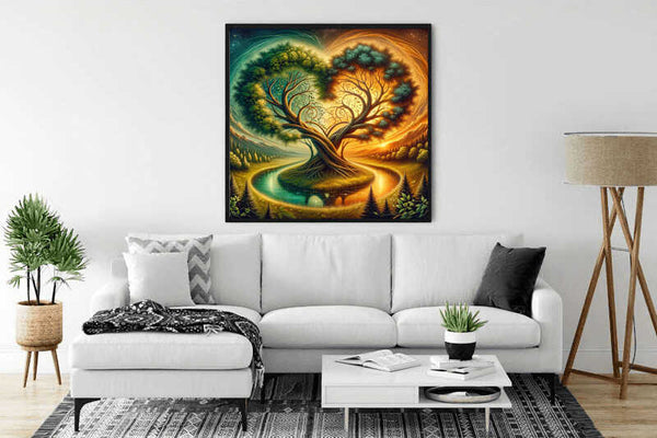 Paint by Numbers - Whispering Times wall art of a majestic tree hugging an old clock with autumn leaves, displayed in a modern living room