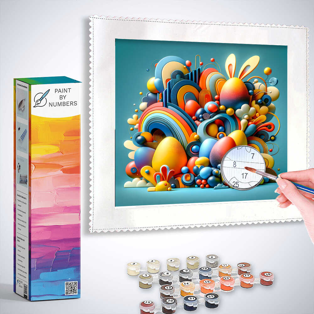 Paint by Numbers kit featuring abstract art with colorful egg-shaped structures and spiral lines in oranges, blues, and yellows.