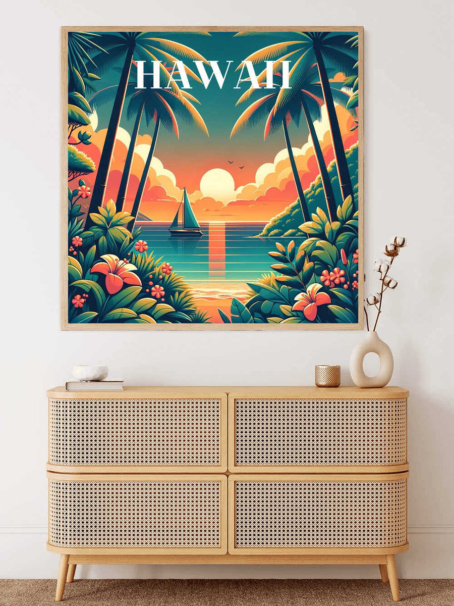 Paint by Numbers - Tropical Sunset Dream artwork with palm trees, sailboat, and a calm sea, creating a serene tropical scene for relaxation.