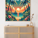 Paint by Numbers - Tropical Sunset Dream artwork with palm trees, sailboat, and a calm sea, creating a serene tropical scene for relaxation.