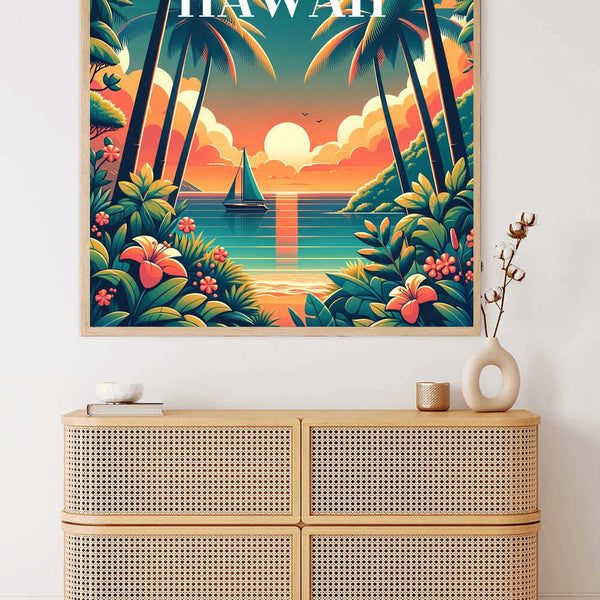 Paint by Numbers - Tropical Sunset Dream artwork with palm trees, sailboat, and a calm sea, creating a serene tropical scene for relaxation.