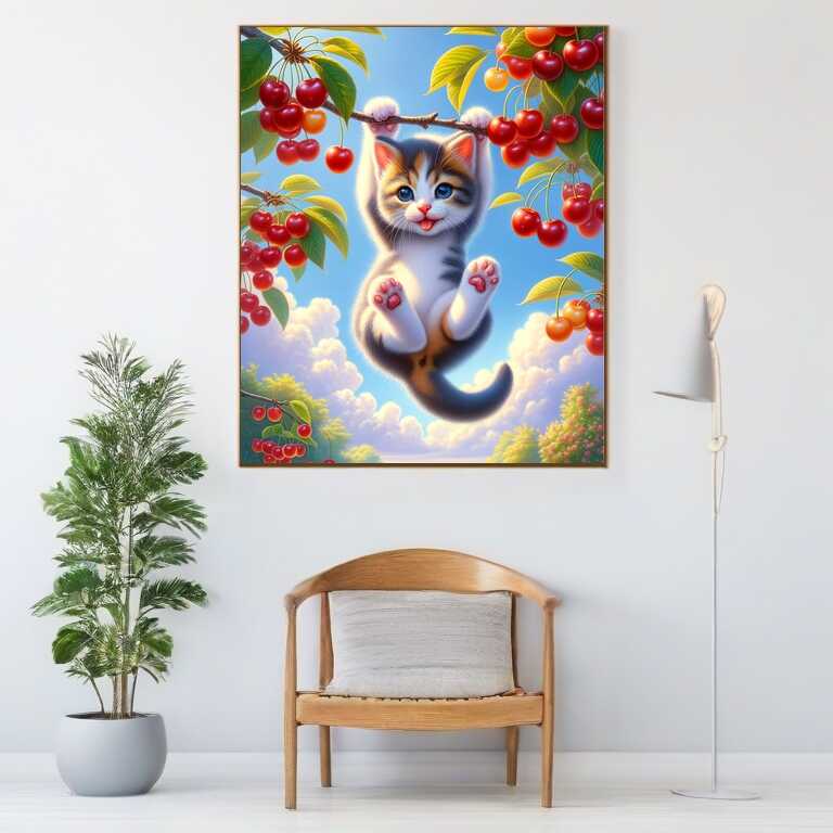 Cat on tree, cherries - Paint by Numbers