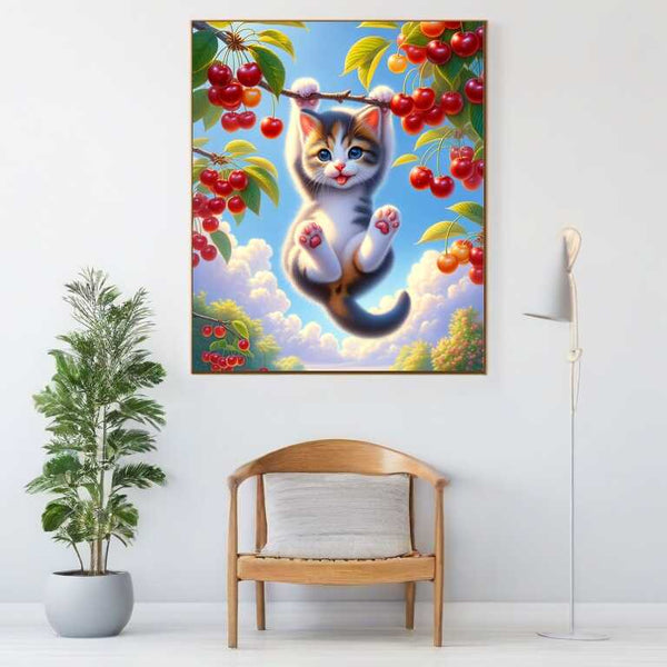 Cat on tree, cherries - Paint by Numbers