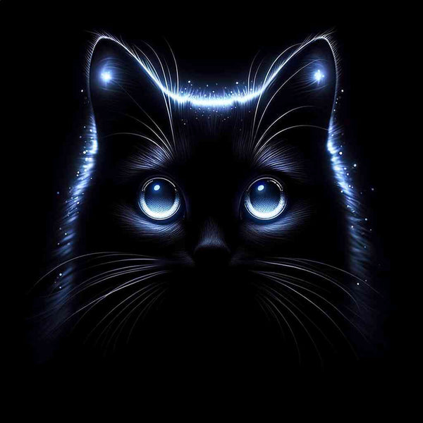 Paint by Numbers - Sternennachtgeflüster with glowing blue-eyed cat in a digital, starry night style.