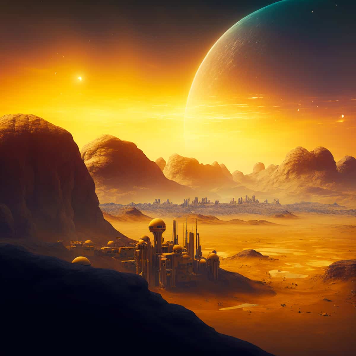 Fantasy landscape of an orange-hued sunset with futuristic city and mountains, featured in a Diamond Painting kit - Paint by Numbers.