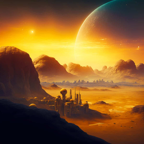 Fantasy landscape of an orange-hued sunset with futuristic city and mountains, featured in a Diamond Painting kit - Paint by Numbers.