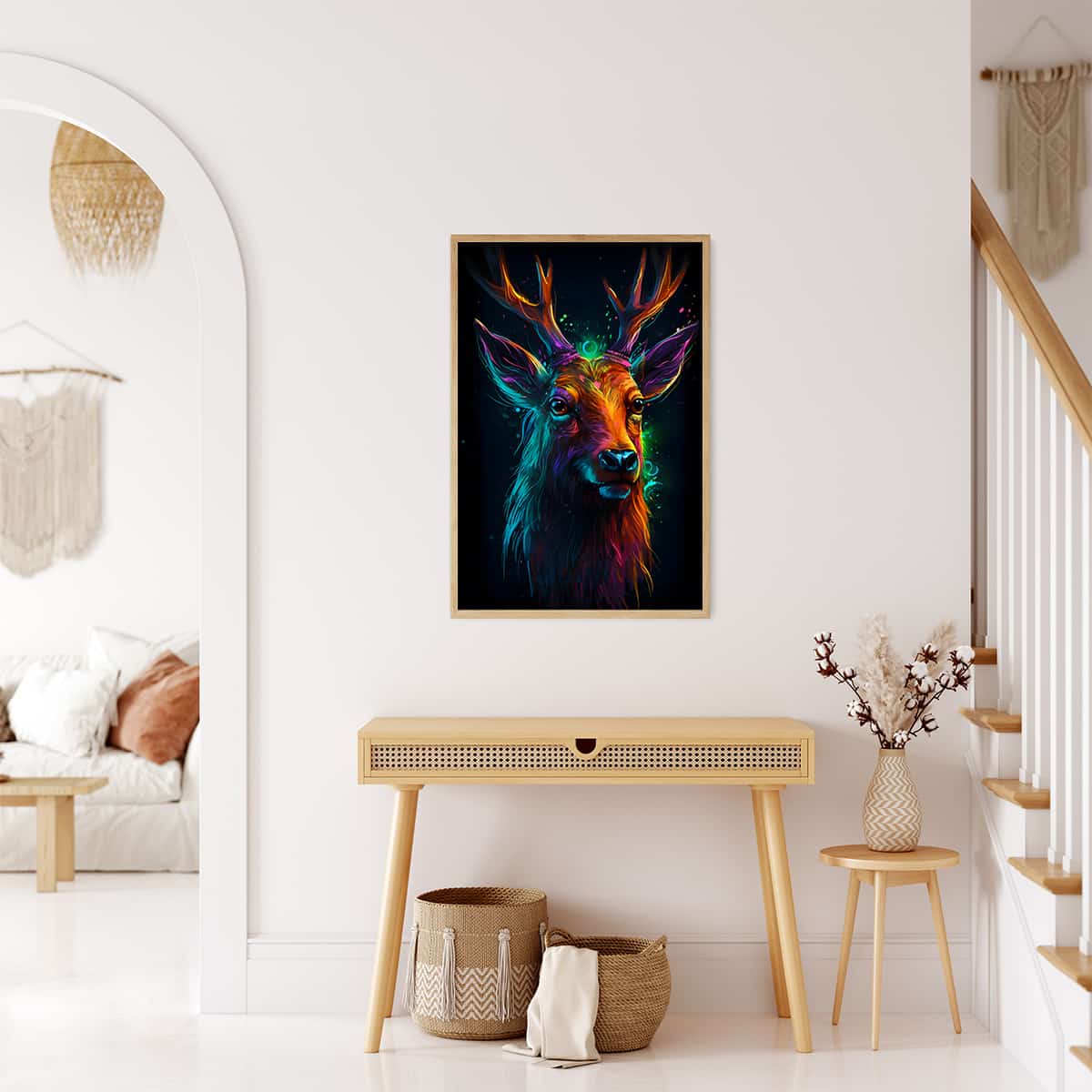 Diamond painting of a majestic deer portrait in dark colors displayed in a modern living room setting