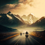 Motorcyclists riding on an open road towards majestic snow-capped mountains at sunset, evoking a sense of adventure and freedom.