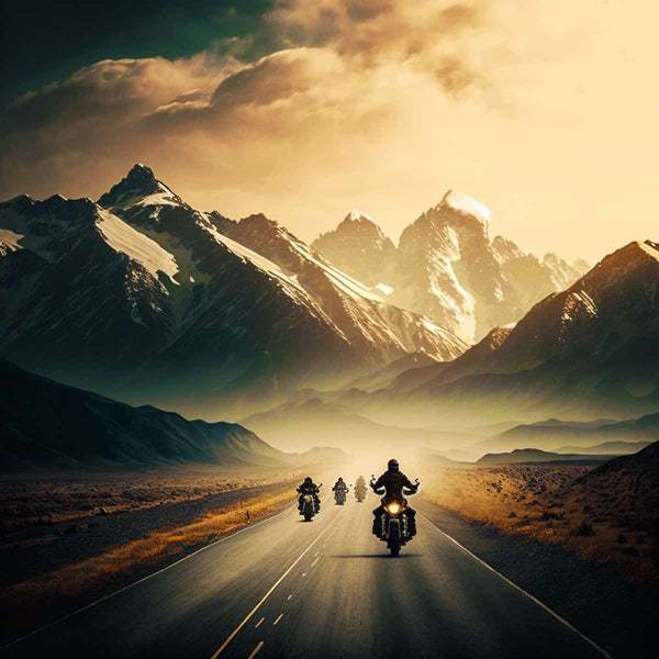Motorcyclists riding on an open road towards majestic snow-capped mountains at sunset, evoking a sense of adventure and freedom.