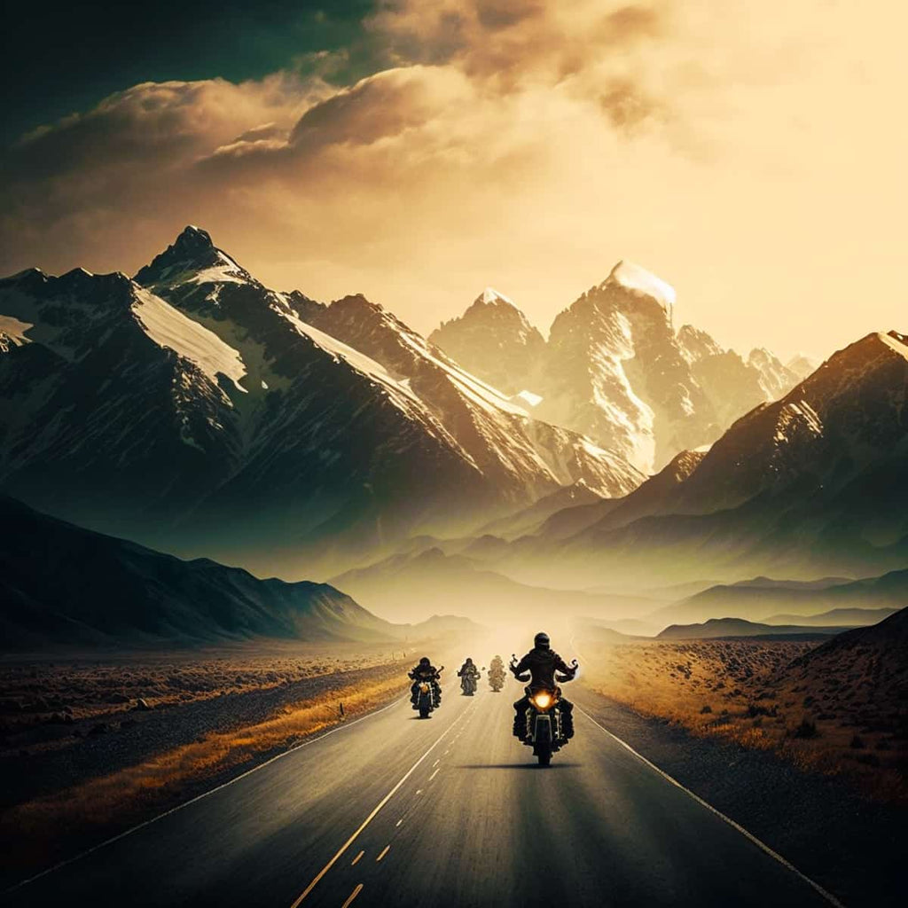 Motorcyclists riding on an open road towards majestic snow-capped mountains at sunset, evoking a sense of adventure and freedom.