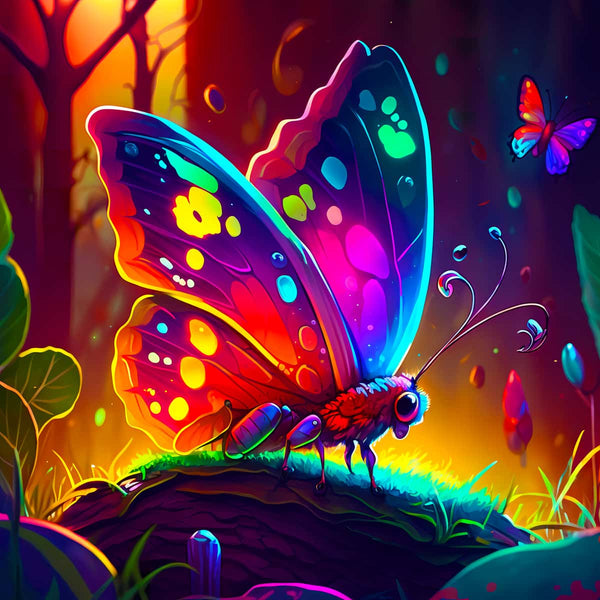 Neon butterfly in a magical forest, vibrant colors shining under the twilight, AB Diamond Painting - Paint by Numbers kit.