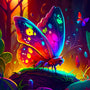 Neon butterfly in a magical forest, vibrant colors shining under the twilight, AB Diamond Painting - Paint by Numbers kit.