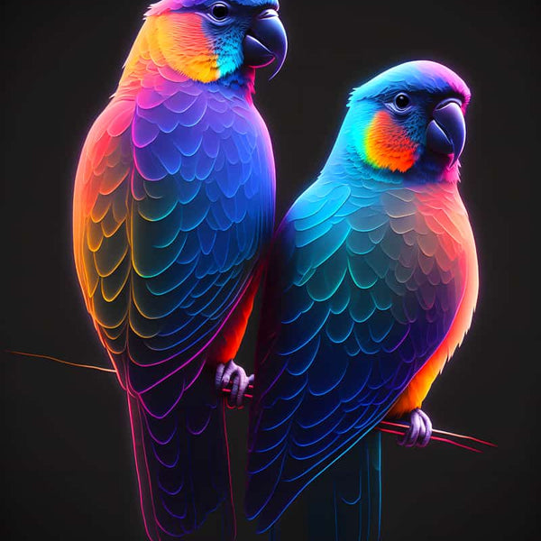 Vibrant diamond painting of two colorful birds on a branch, perfect for bird lovers and paint by numbers enthusiasts.