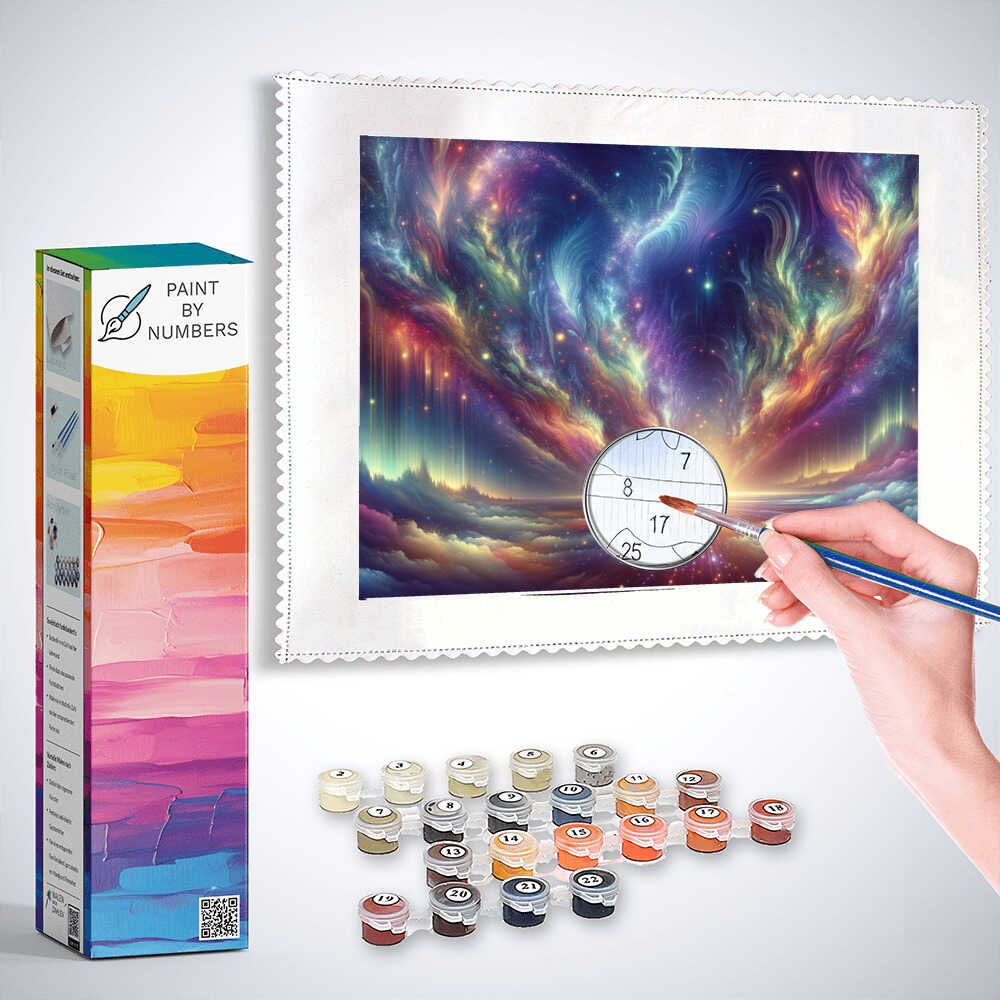 Paint by Numbers kit for "Cosmic Awakening" featuring a vibrant galaxy scene with reds, blues, and golds, including paints and tools.