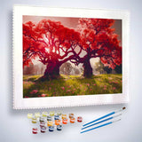 Malen nach Zahlen - Rote Bäumepaar - hochwertige Leinwand - Bäume, Horizontal, Landschaft