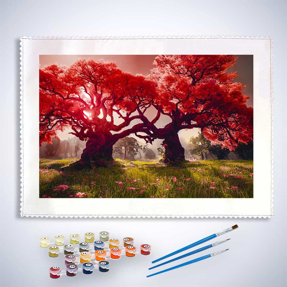 Malen nach Zahlen - Rote Bäumepaar - hochwertige Leinwand - Bäume, Horizontal, Landschaft