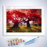 Malen nach Zahlen - Rote Bäumepaar - hochwertige Leinwand - Bäume, Horizontal, Landschaft