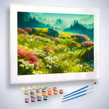 Malen nach Zahlen - Vorsprung, Blumenwiese - hochwertige Leinwand - Berge, Blumen, Horizontal, Landschaft
