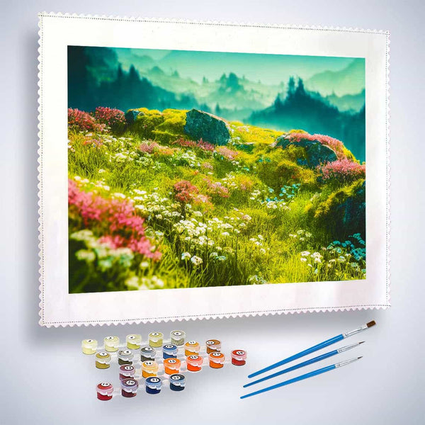 Malen nach Zahlen - Vorsprung, Blumenwiese - hochwertige Leinwand - Berge, Blumen, Horizontal, Landschaft