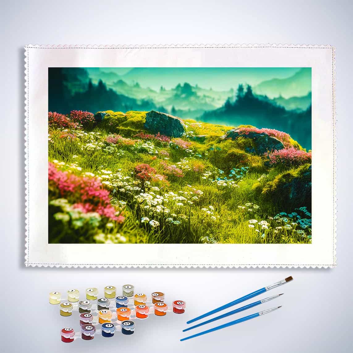 Malen nach Zahlen - Vorsprung, Blumenwiese - hochwertige Leinwand - Berge, Blumen, Horizontal, Landschaft
