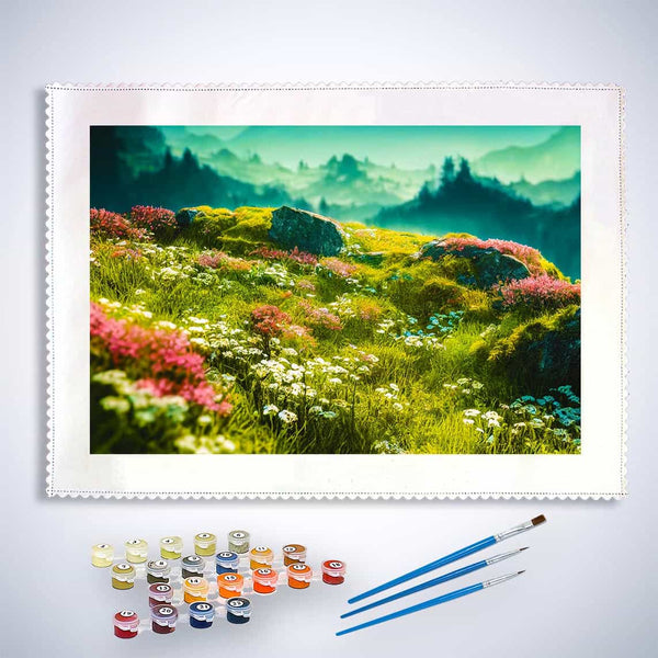 Malen nach Zahlen - Vorsprung, Blumenwiese - hochwertige Leinwand - Berge, Blumen, Horizontal, Landschaft
