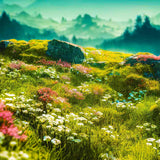 Malen nach Zahlen - Vorsprung, Blumenwiese - hochwertige Leinwand - Berge, Blumen, Horizontal, Landschaft