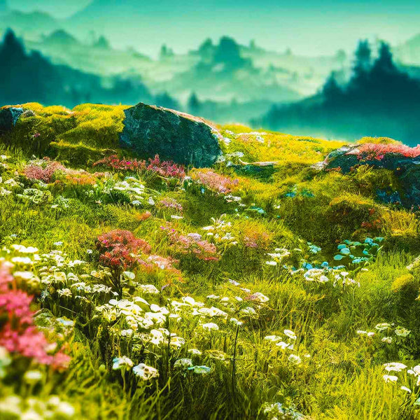 Malen nach Zahlen - Vorsprung, Blumenwiese - hochwertige Leinwand - Berge, Blumen, Horizontal, Landschaft