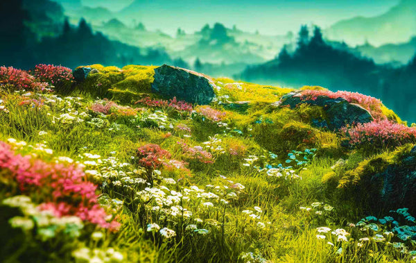 Malen nach Zahlen - Vorsprung, Blumenwiese - hochwertige Leinwand - Berge, Blumen, Horizontal, Landschaft