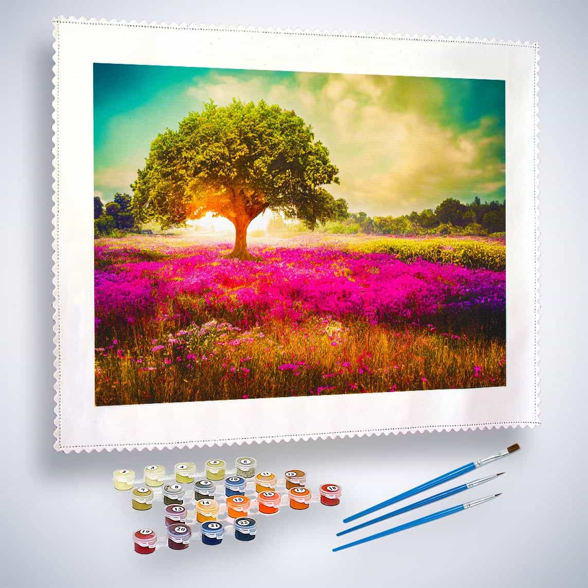 Malen nach Zahlen - Beleuchteter Sonnenbaum - hochwertige Leinwand - Baum, Horizontal, Landschaft, Sonnenuntergang