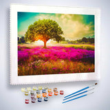 Malen nach Zahlen - Beleuchteter Sonnenbaum - hochwertige Leinwand - Baum, Horizontal, Landschaft, Sonnenuntergang
