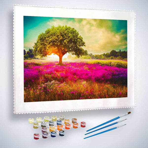 Malen nach Zahlen - Beleuchteter Sonnenbaum - hochwertige Leinwand - Baum, Horizontal, Landschaft, Sonnenuntergang